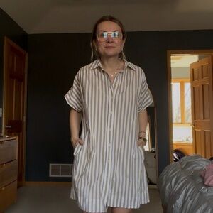 Madewell Beige & White Striped Button-Front Shirt Dress